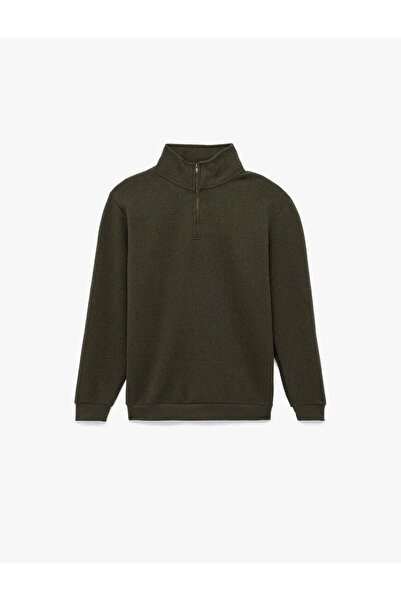 Koton Hanorac pentru bărbați cu textura cu jumătate de fermoar kaki tricou 6W...