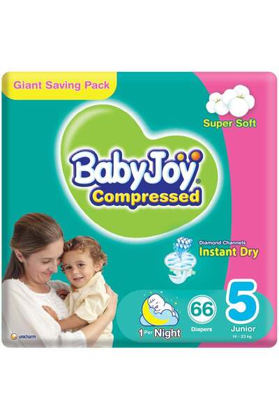 Baby Joy حفاضات مضغوطة بنقشة ماسية، مقاس 5 للأطفال بوزن 14-23 كجم، عبوة كبيرة...