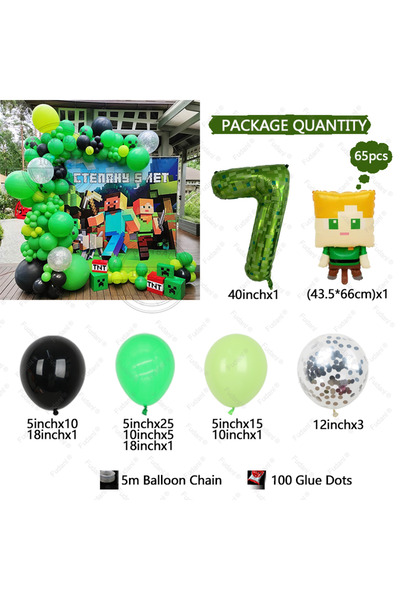 Miniso AS PICTURE 7 65pcs Hot Game Miner Pixel Theme Balloon Arch Kit with 40Inch Green Mosaic Number Boy B