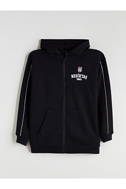LC Waikiki Siyah Kapüşonlu Baskılı Erkek Çocuk Fermuarlı Sweatshirt