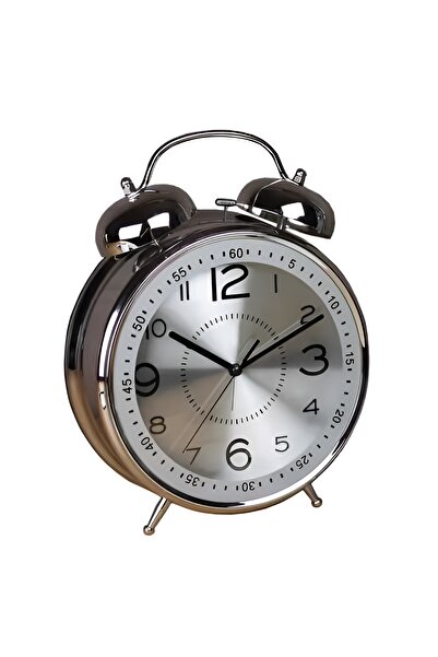 Generic ساعة منبه للطاولة مزودة بجرسين مع جرس معدني للاستيقاظ في غرفة النوم باللون الفضي