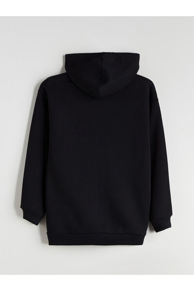 LC Waikiki Siyah Kapüşonlu Baskılı Erkek Çocuk Fermuarlı Sweatshirt