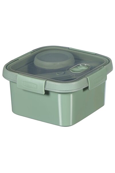 CURVER Food box with cutlery set and Smart To Go valve, plastic, 1.1L, Green/Transparent