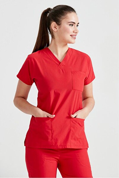 DEMOTEKS Scrub Top Uniform Medical Blouse Classic Red Unisex