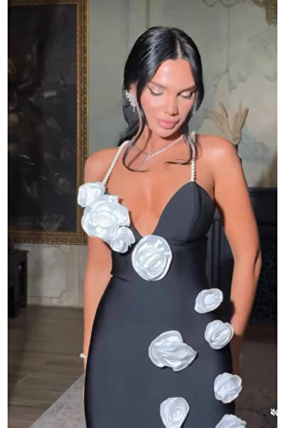 Sisa Butik ÖZEL FİYAT İp Askısı Taşlı Gül Detaylı Tasarım Elbise