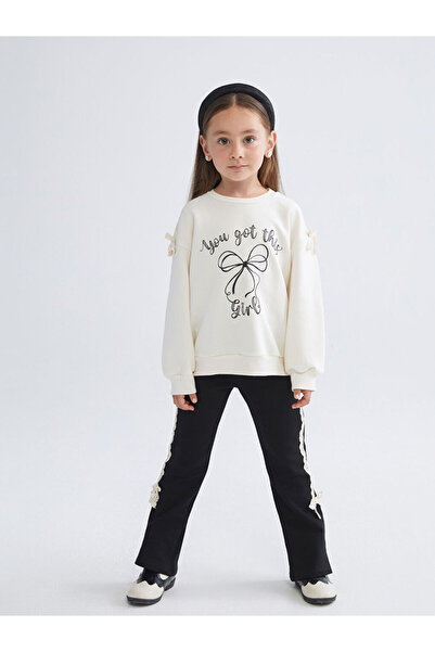 LC Waikiki Lcw Kids Ecru Bow Embroidered Girls' Sweatshirt and Leggings