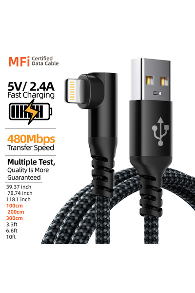 Choice 2 م 6.6 قدم 1 حزمة أسود 1 قطعة 90 درجة لشاحن iPhone 1 م 2 م 3 م [معتمد...