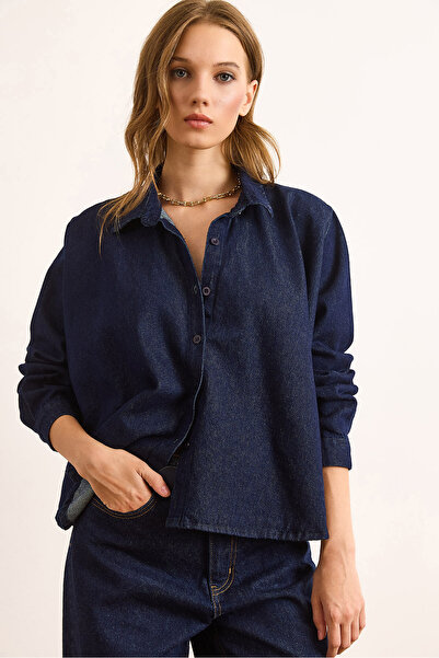 Olalook Women's Navy Blue Poncho Denim Shirt Gml-19001391