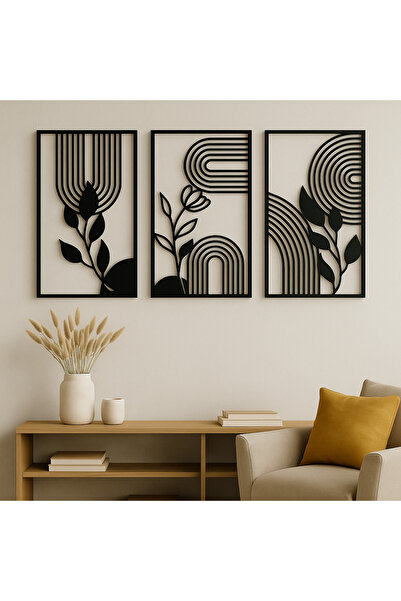 LUNOART 3’lü Minimalist Yaprak ve Çizgi Desenli Metal Tablo Seti
