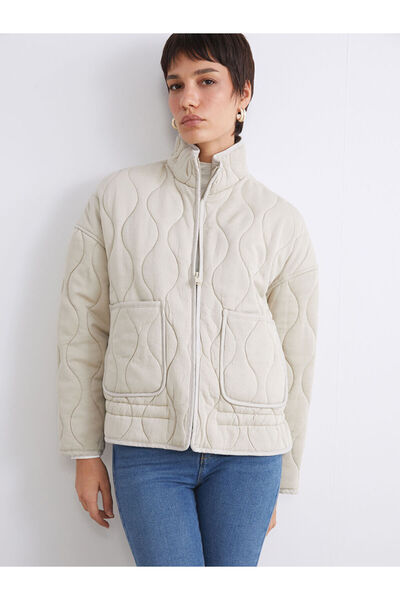 LC Waikiki Beige Stand Collar Quilted Oversize Women's Coat