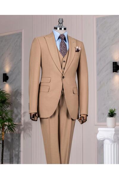 TerziAdemAltun Italian Style Slim Fit 8 Drop Jacket Vest Pants Suit Camel T12632