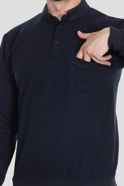 HEDEFNUR TEKSTİL سترة رجالية بياقة بولو وجيوب باللون الأزرق الداكن، تصميم منت...