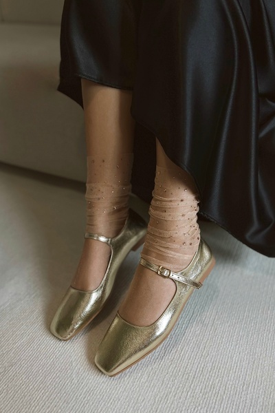 POLKA STORE Petite Gold Dore Closed Back Single Strap Square Toe Helmet Women's Ballerina Shoes Mary Jane