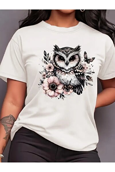 l'eivor Tricou din bumbac pentru femei cu imprimeu bufniță și fluture