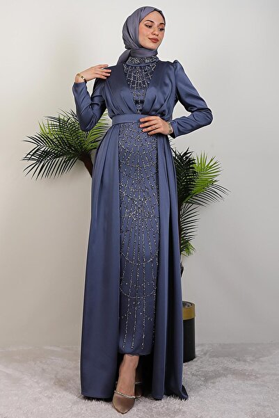 GİYZAMİLA İşlemeli Pelerinli Abiye Gri Mavi