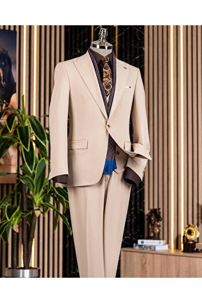TerziAdemAltun Italian Style Slim Fit Jacket Vest Pantalon Suit Beige T13959