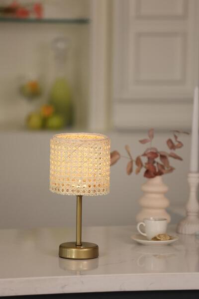 Maison Avf Hazeran & Rattan Masa Üstü Kablosuz Şarjlı Masa Lambası - Alt Uzun Eskitme Gold