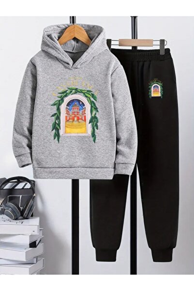 YUNAYT Children's Printed Hooded Sweatshirt and Sweatpants Set 3 Thread Raster for Autumn/Winter