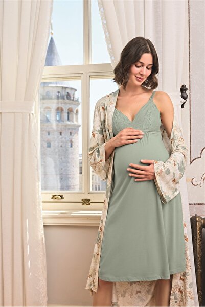 MONAMİSE Kadın Hamile ve Lohusa Sabahlık Takımı Önü Düğmeli Dantel Detaylı Em...