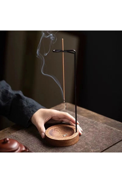 Choice حامل بخور خشبي دائري مع حامل بخور مقلوب إبداعي بلون داكن