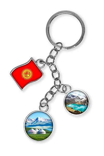 Dünyadan Hediyeler Kyrgyzstan Triple Epoxy Metal Double Sided Drop Keychain Kyrgyzstan