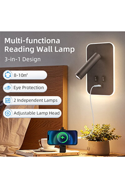 Choice AC 85-265V مع منفذ USB 1PC مصباح حائط أسود بجانب السرير مع مفتاح ومنفذ USB مثبت على الحائط للقراءة