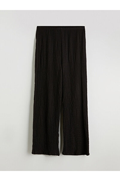 LC Waikiki Black Elastic Waist Textured Wide Leg Women's Trousers