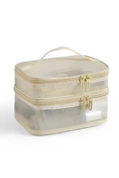 Choice حقيبة مكياج شبكية مزدوجة الطبقات باللون البيج، حقيبة غسيل، حقيبة تخزين...