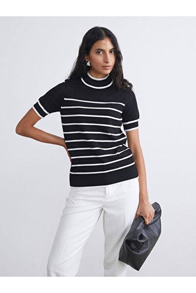 LC Waikiki Beige Stand Collar Striped Women's Knitwear Sweater