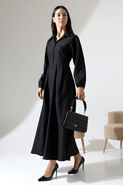 Genel Markalar Kadın Belden Oturtmalı Kendinden Kuşaklı Keten Tesettür Elbise