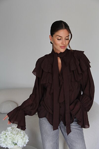 Julidress Oversized Shirt with Tie-Up Flounce Collar and Ruffle Sleeve Detail