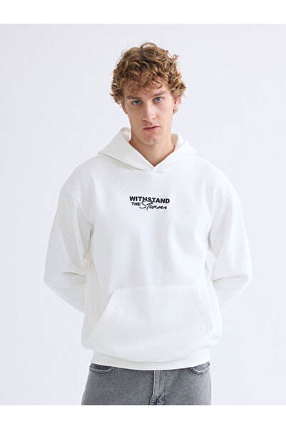 LC Waikiki Ecru Long Sleeve Printed Men's Hoodie