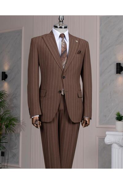TerziAdemAltun Italian Style Slim Fit Peak Lapel Jacket Pants Suit Brown T14258