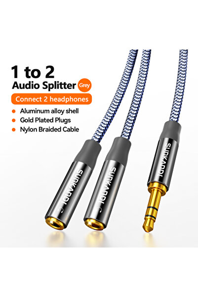 Choice موزع سماعة رأس SUNKANDI رمادي اللون مقاس 0.3 متر، من منفذ ذكر 3.5 مم إلى منفذين أنثى 3.5 مم