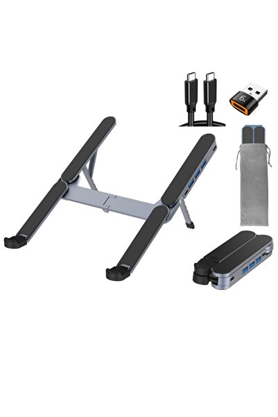 Choice Dark Grey 2IN1 Foldable Laptop Stand & USB C Hub,Adjustable Metal Notebook Holder,Multi Port USB C D
