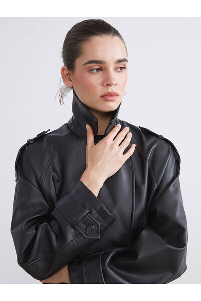 LC Waikiki Black Double-Breasted Collar Leather Look Women's Trench Coat