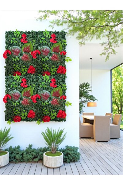 SanatFlowers Kırmızı Çiçekli Yapay Dikey Çiçek Paneli 40x60 – Duvar Kaplama & Dekoratif Çim Panel