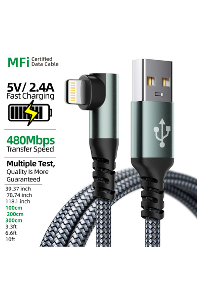 Choice 2 م 6.6 قدم 1 حزمة رمادي 1 قطعة 90 درجة لشاحن iPhone 1 م 2 م 3 م [معتمد من MFi] 1 حزمة زاوية قائمة Ny