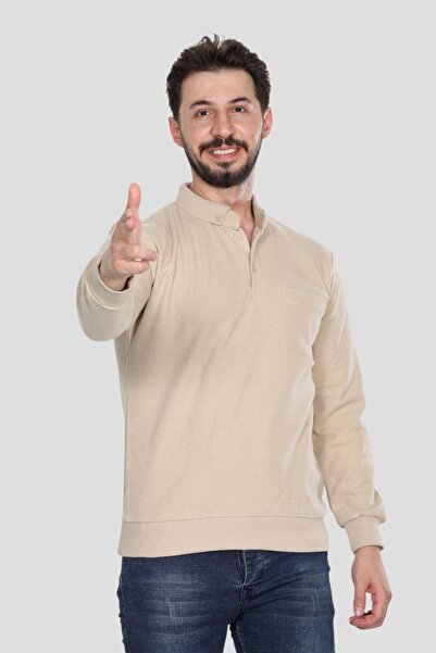 HEDEFNUR TEKSTİL Bej Erkek Polo Yaka Cepli Regular Kalıp Selanik Örgü Sweatshirt