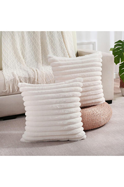 Choice غطاء وسادة مربع من فرو الأرنب الصناعي الأبيض كبير سميك مخطط فائق النعو...