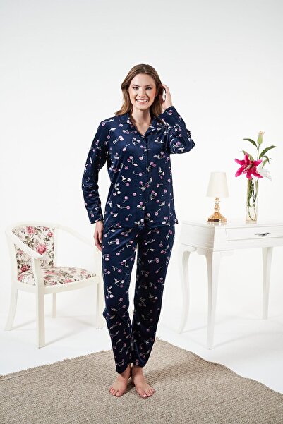Estiva Women's Winter Front Buttoned Cherry Patterned Velvet Pajama Set Navy Blue