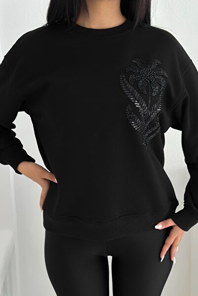 FEMELLE Hanorac din bumbac 100% cu modele brodate cu margele și paiete negre