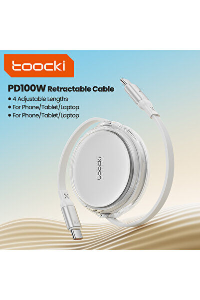 Toocki 0.95 م كابل USB C أبيض قابل للسحب 100 وات لكابل شاحن سريع لأجهزة الكمب...