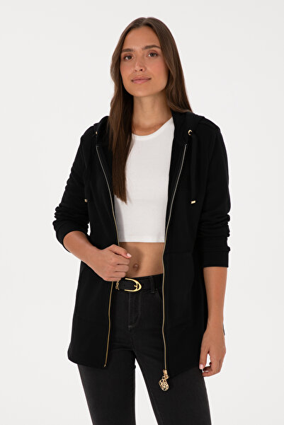 U.S. Polo Assn. Γυναικείο μαύρο φούτερ με κουκούλα με φερμουάρ 50307714-VR046