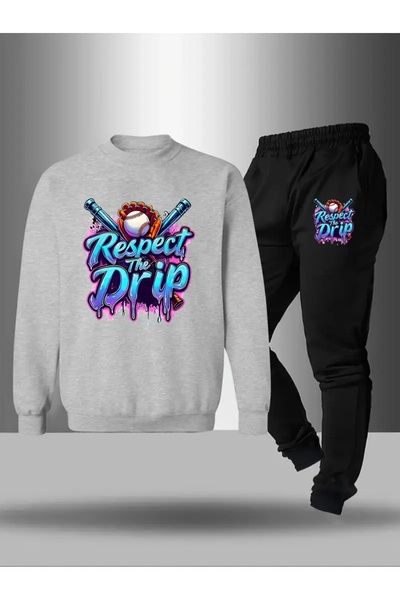 CROPSEL Children's Printed Crew Neck Sweatshirt and Sweatpants Set 3 Thread Raster for Autumn/Winter