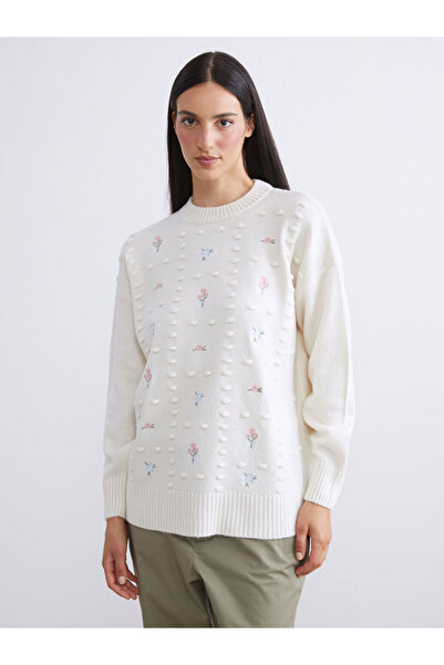 LC Waikiki Ecru Crew Neck Floral Women's Knitwear Tunic