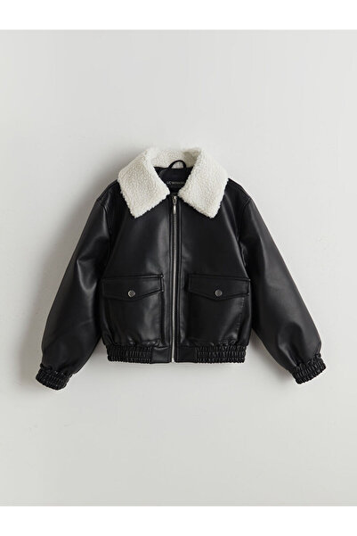 LC Waikiki Siyah Deri Görünümlü Kız Çocuk Mont