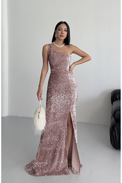 SELİN MODA EVİ Kadife Pullu Elbise Gül Kurusu