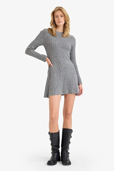DeFacto Crew Neck Ribbed Long Sleeve Mini Dress F3893Ax25Wn