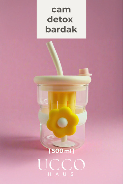 UCCO 500ml Daisy Patterned Glass Detox Thermos Flask Cup with Straw - Milk, Water, Soft Drink, Lemonade Cup